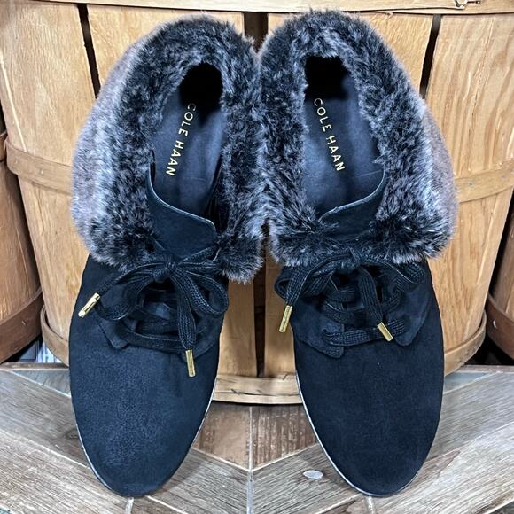 Cole Haan Coralie Wedge Faux Fur Black Suede Waterproof Ankle Boots Women Size 8 - Picture 9 of 12